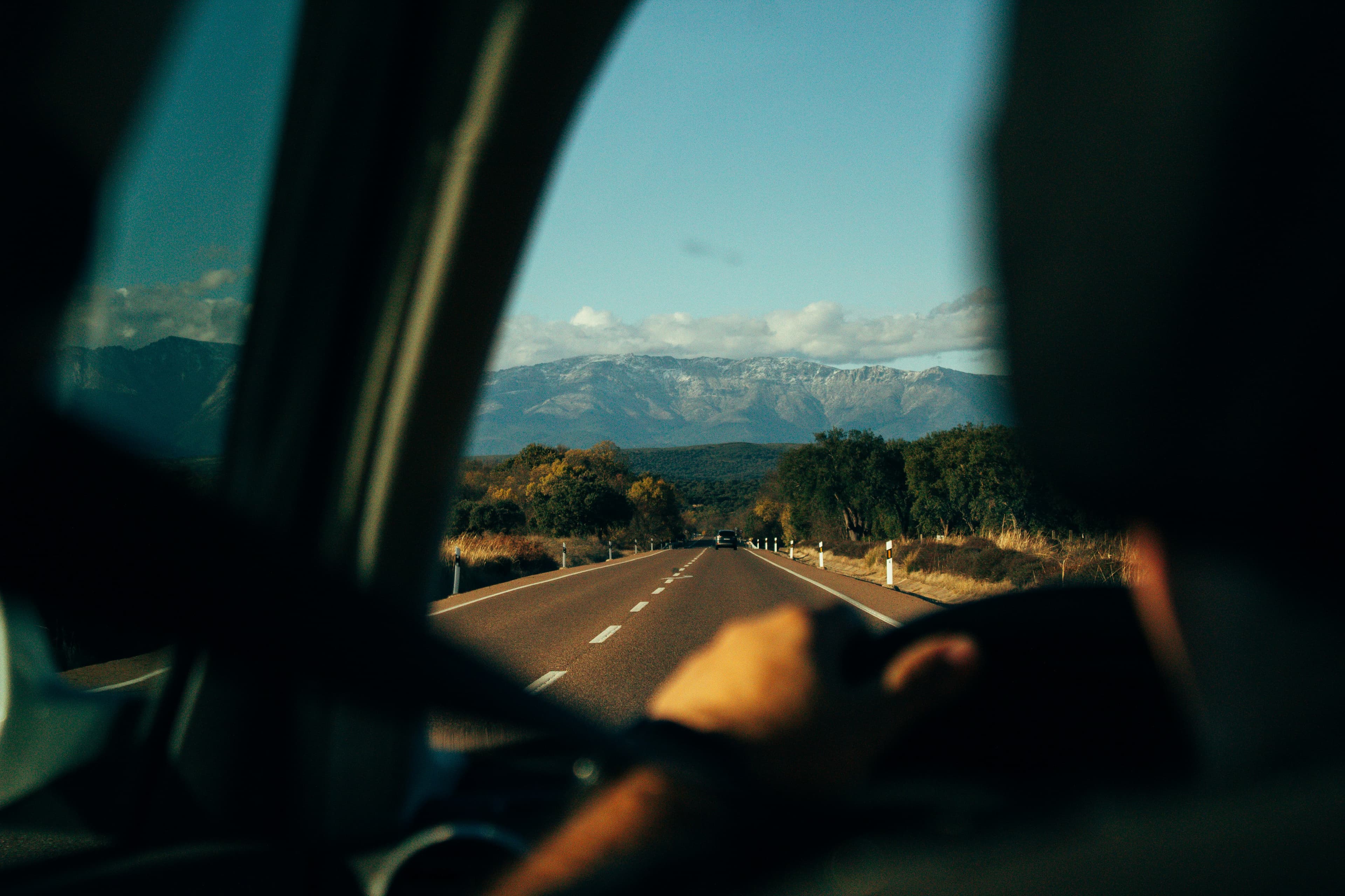 Driving a vehicle facing the mountains